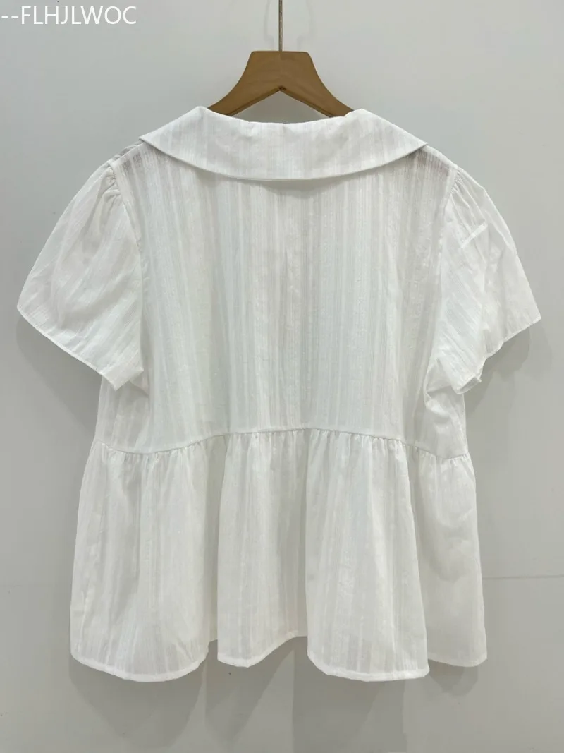 

Cotton Blends Peter Pan Collar Tops Peplum Blouse Cute Japan Girls Woman Short Sleeve Slim Waist Peppy Style Button White Shirts