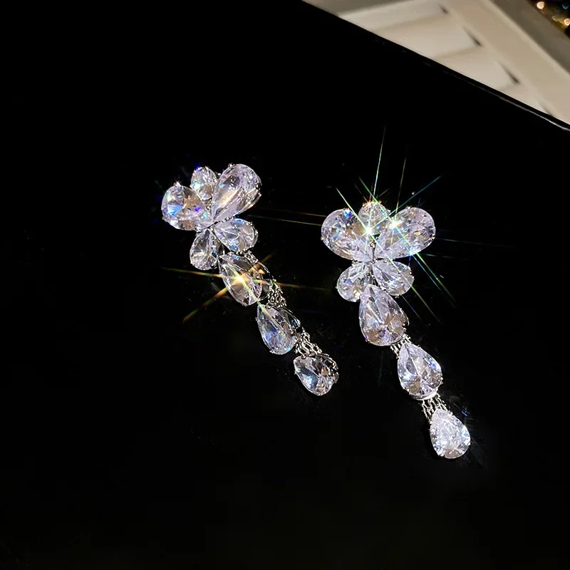 DREJEW Silver Needle Zircon Butterfly Tassel Earrings for Women Necklace Set Stylish and High-end Wedding Accessories Sets
