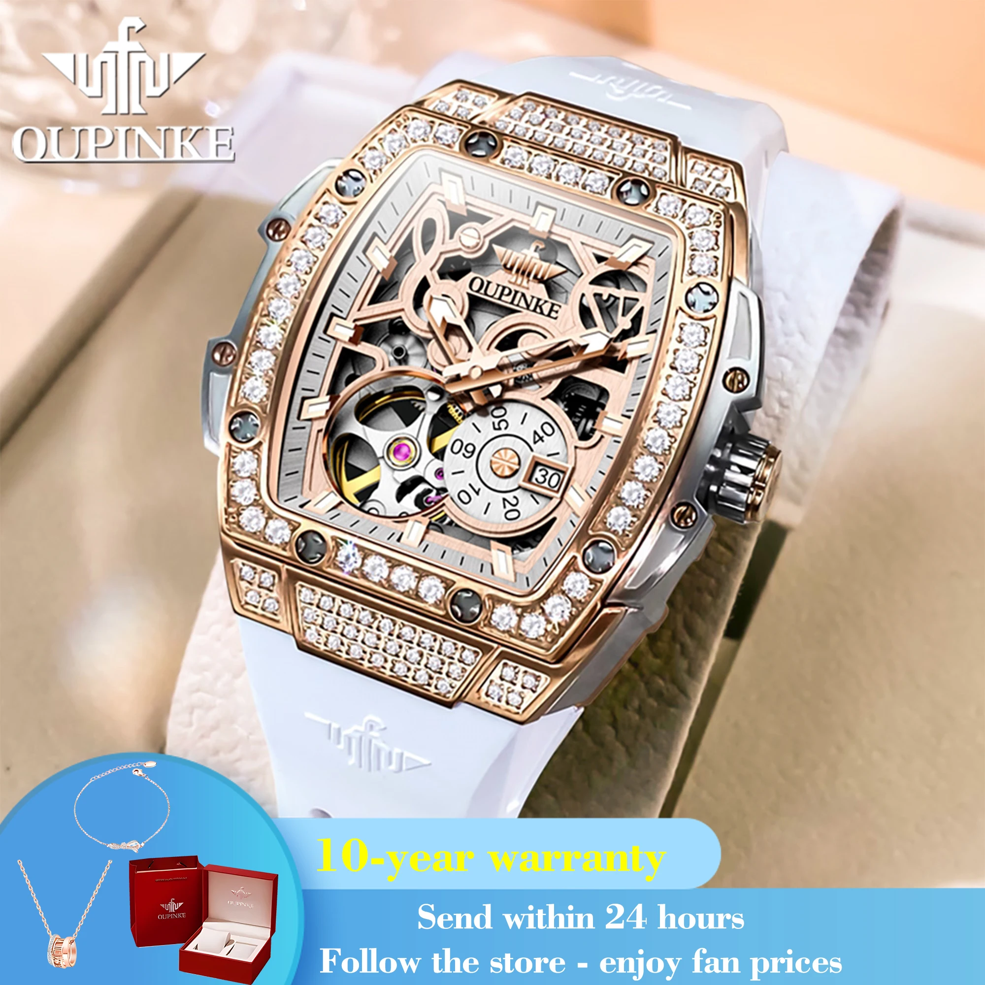 OUPINKE 3220 Flywheel Skeleton Mechanical Watch For Women Diamond Luxury Silicone Strap Wristwatch Sapphire Mirror Dress Watch