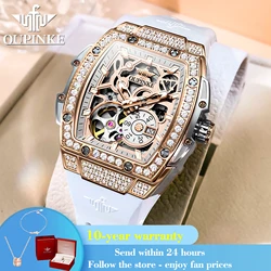 OUPINKE 3220 Flywheel Skeleton Mechanical Watch For Women Diamond Luxury Silicone Strap Wristwatch Sapphire Mirror Dress Watch