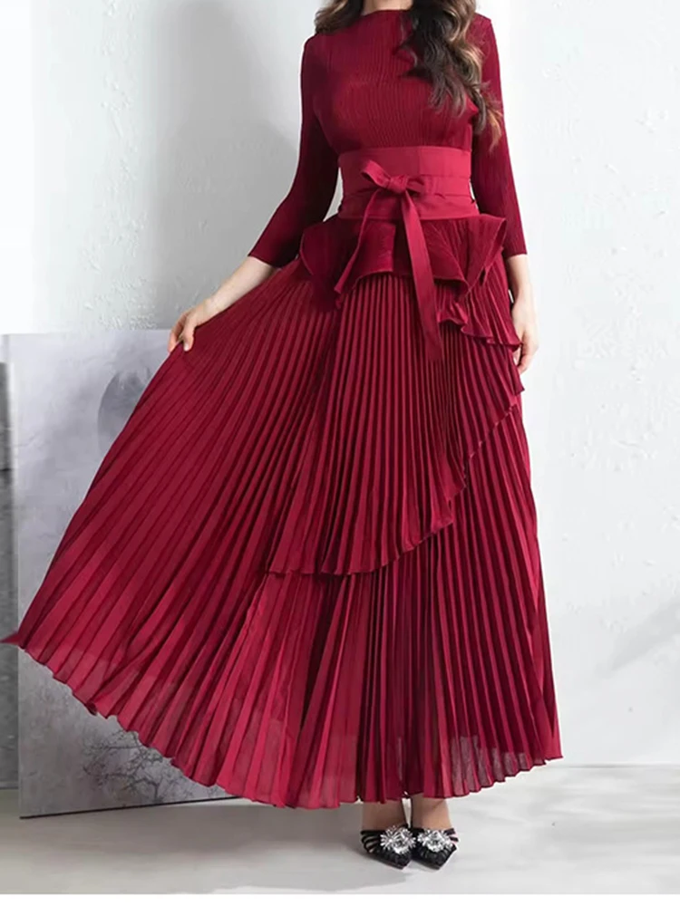 LANMREM Pleated Two-piece Set For Women Turtleneck Lace-up Gathered Waist Tops With Irregular Lantern Skirt 2024 New 2Z1926