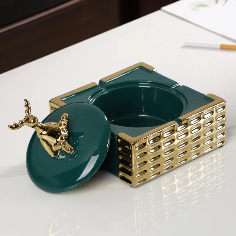 Creative Light Luxury Ceramic Ashtray Personality Home Office AntiFly Ash Tray with Lid Living Room Decoration Ornaments