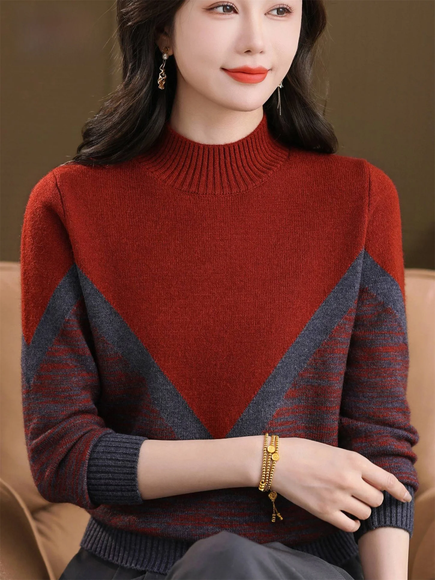 

Autumn Winter New Sle Color Blo Knitted Woolen irt f High Collar Faionable Base Top for Middle Aged And ly Women