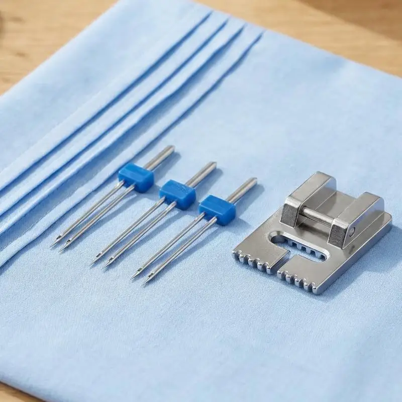 Double Twin Needles Size 2/3/4mm And Wrinkled 7 Grooves Sewing Presser Foot Set For Sewing Machine Sewing Accessories
