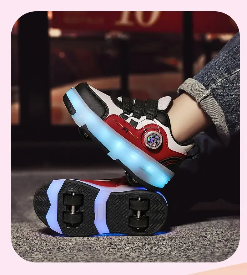 Sepatu Roda Anak Empat Roda dengan Lampu LED untuk Anak Laki-laki dan Perempuan, Sepatu Olahraga Bercahaya, Sneakers Skateboard dengan Pengisian Daya USB