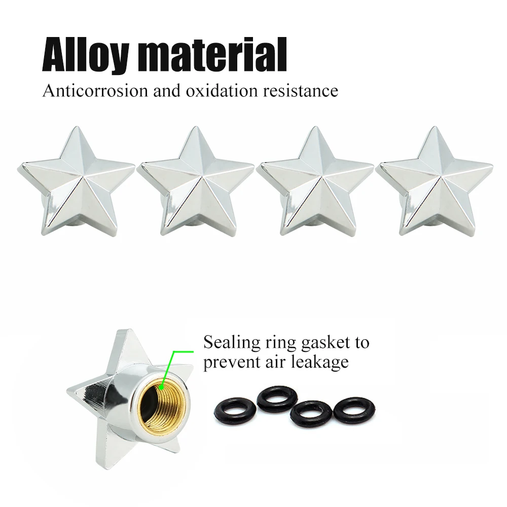 AQTQAQ 4Pcs/Set Tire Stem Valve Caps Universal Pentagram Shaped Wheel Tyre Air Valve Stem Caps Dust Covers