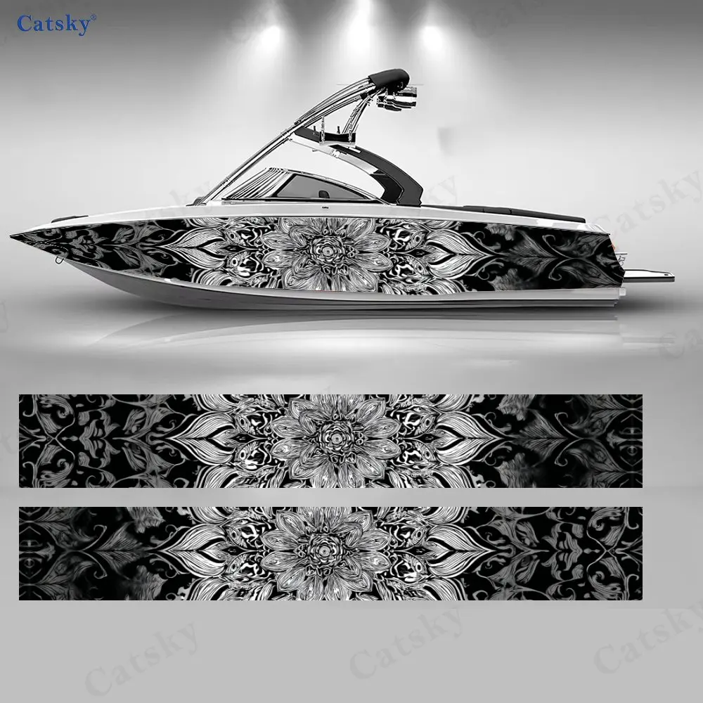 2Pcs Ink Floral Mandala Boat Stickers, PVC Waterproof Durable Vinyl Wrap Decals for Fishing Boats, Durable and Stylish Design