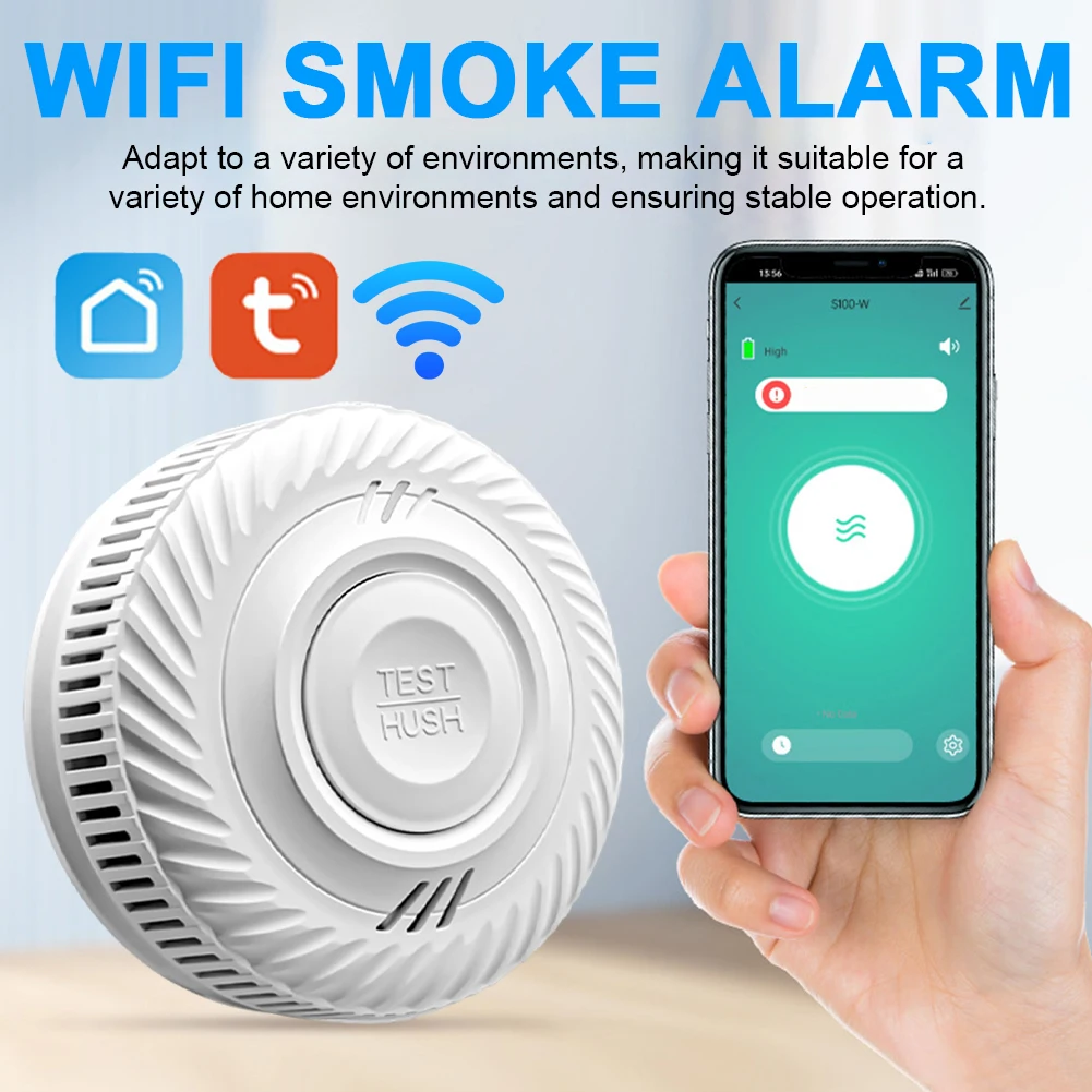 WiFi Smart Smoke Alarm Battery Operated Smoke Detector with Test Button Fire Detector 85dB for Home Bedroom