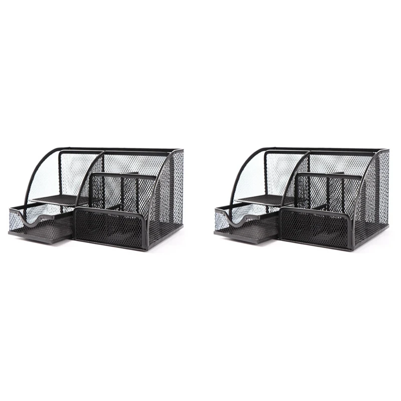 Mesh Desk Organizer Pen Holder, Accessories Storage Caddy With 6 Compartments, And Drawer Office Supplies Gift (2 PCS)