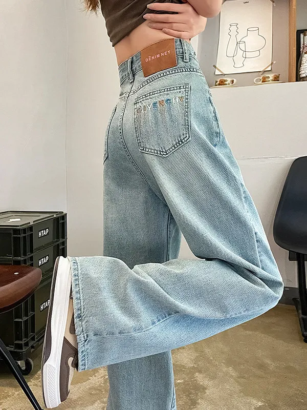 

High Waist Wide Leg Denim Jeans Women's Loose Fit Floor Length Trousers Embroidery Casual Sle Autumn Winter New Ar...