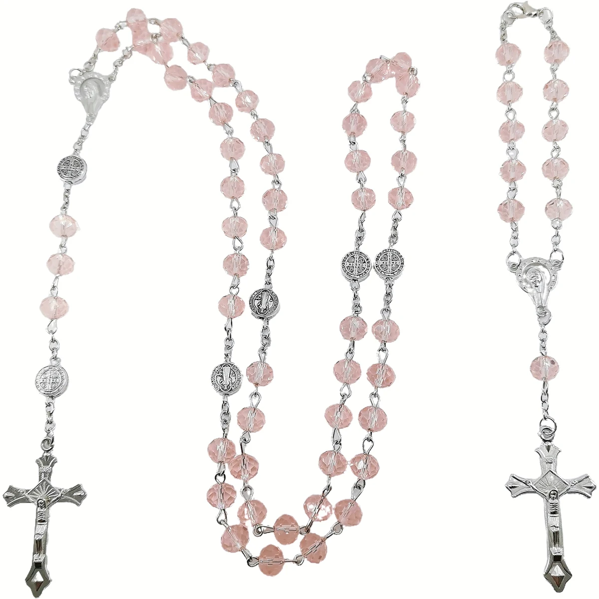 

Hot Selling Pink Crystal Cross Prayer Bead Pendant Necklace and Bracelets Jewellry Set for Christian