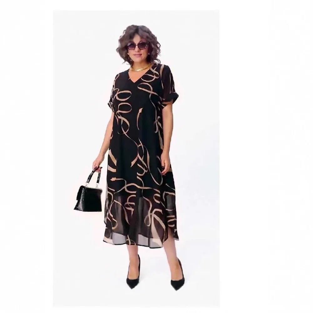 

2025 Fashion New Elegant Printed V-neck Dress Women's Temperament Commuter Medium and Long Dress Europe and The United States