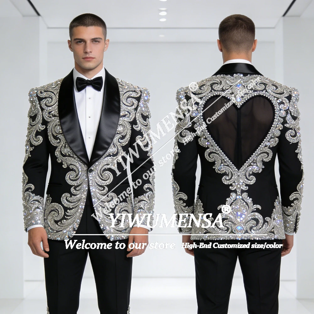 

Metallic Rhinestones Men Suits Peak Lapel Party Prom Blazer Outfits Slim Fit Cut-out Back Design Groom Wedding Tuxedos Plus Size