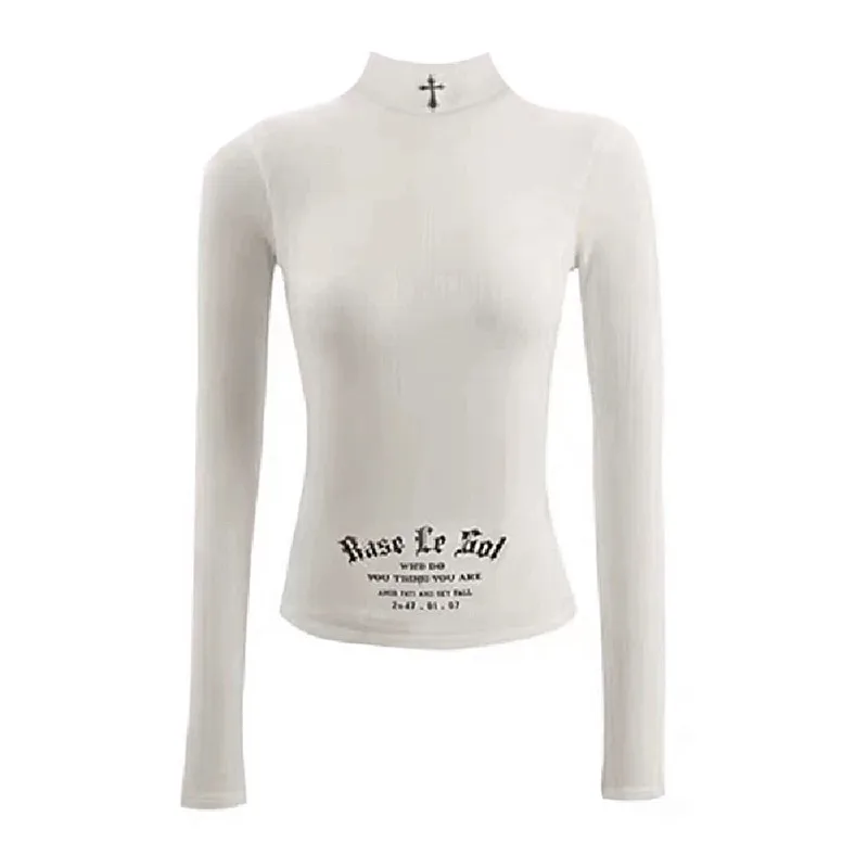 Genayooa Y2k Vintage T Shirt Women Turtleneck Skinny Long Sleeve Print Letter Tops Streetwear 2000s Japanese Grunge Tops Autumn