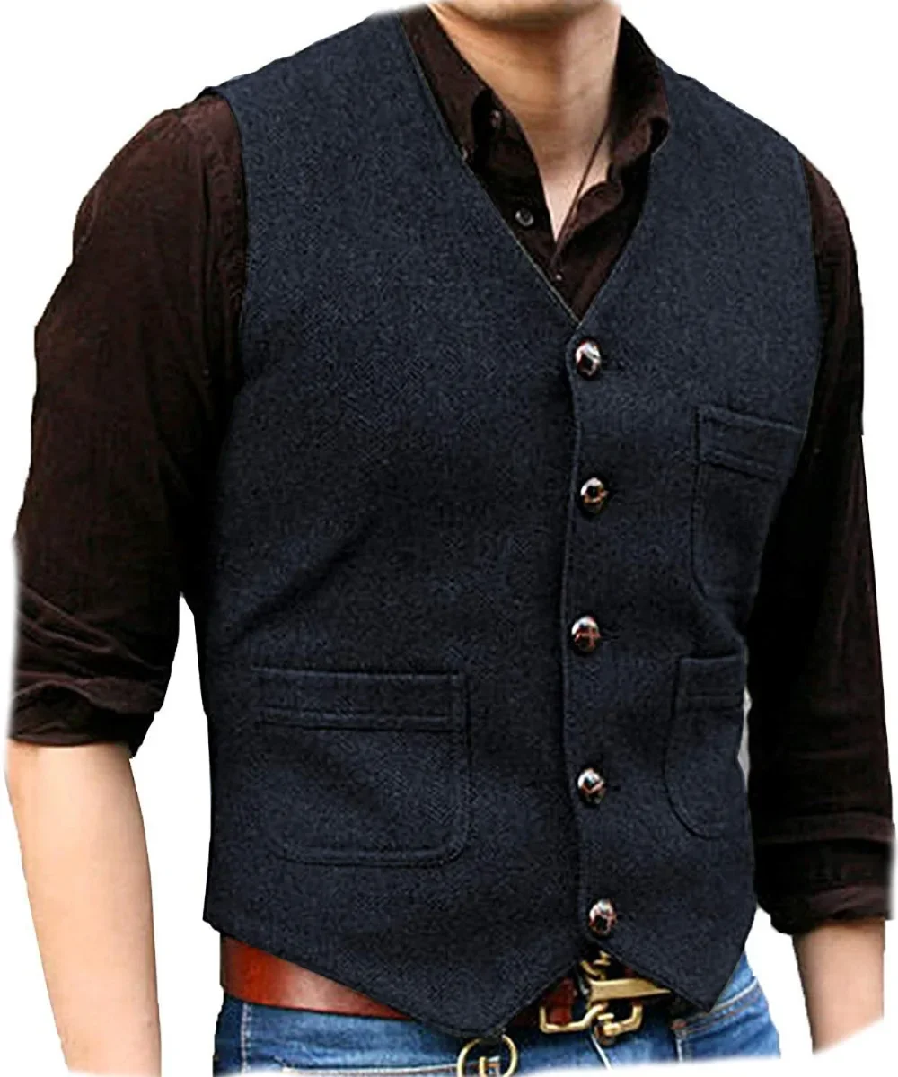 Plus Size Men's Suit vest Solid Blend Herringbone Pattern Seasonal Waistcoat Grooms Groomsman Uniform Work Commuting Uniform