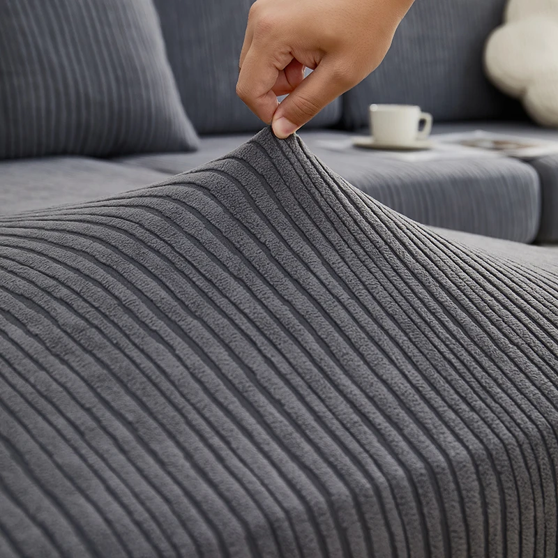 Stripes Jacquard Thicken Polar Fleece Sofa Cover, Stretchy Sofa Slipcover, Elastic Couch Seat Cover for Living Room Decor