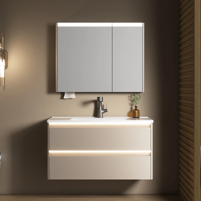 Modern LED Sensor Mirror Cabinet Double Storage Drawer Stainless Steel Bathroom Vanity with Tissue Box Hotel