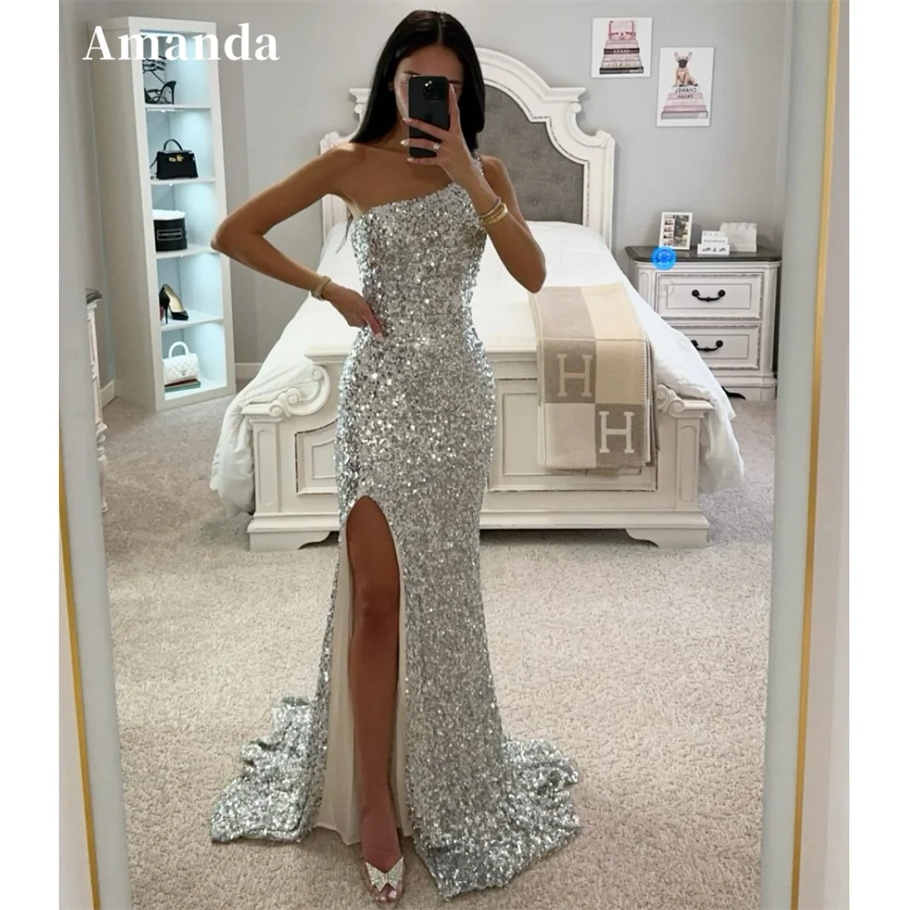 

Amanda Shiny One Shoulder Mermaid Silvery Vestido De Novia Gliiter Trumpet Prom Gown Sexy Side Split Graduation Ball Prom Dress