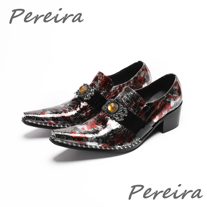 Silver Red Mixed Colors Genuine Leather Men Shoes Iron Pointy Toe Metal Strap Loafers Fashion Party Banquet Business Dress Shoes