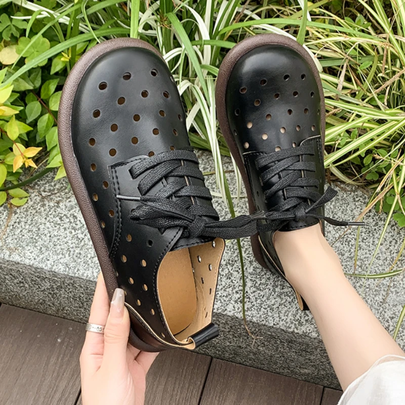 Sepatu Single wanita musim panas baru datar bulat kepala berongga bertali dangkal sepatu Oxford kasual nyaman Non-slip Mary Jane sepatu