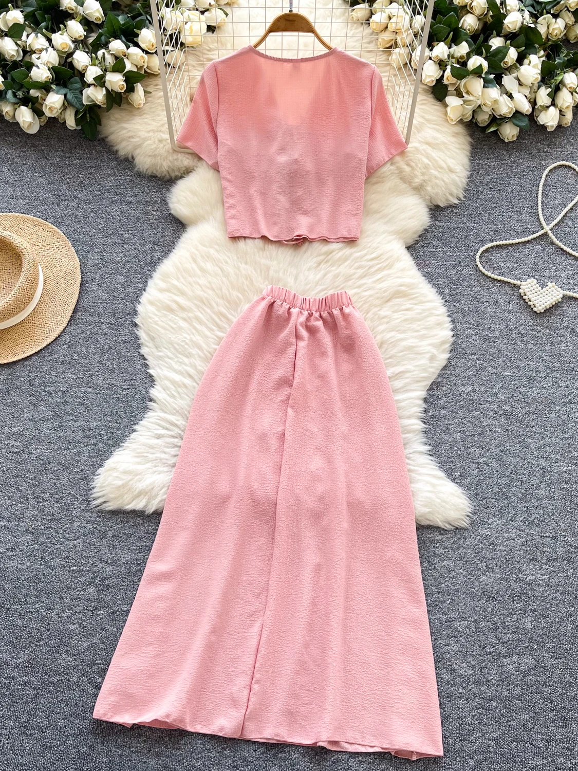 Conjunto e de dos piezas para mujer, diseño veraniego, con cinturón calado, cuello en V, manga corta y falda de ci...