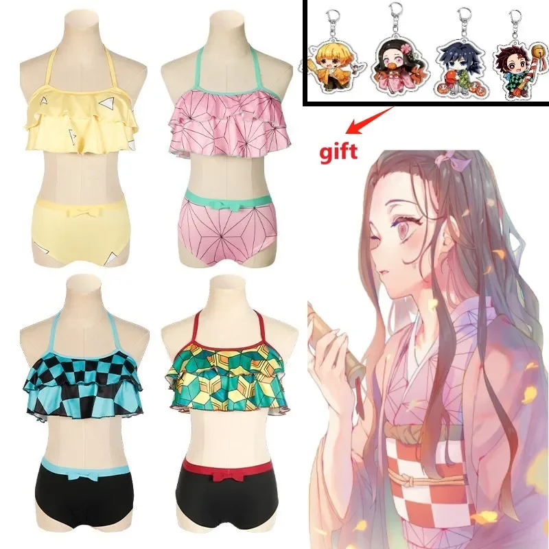 Demon Slayer: Kimetsu No Yaiba Zenitsu Tanjiro Split Swimsuit for Women Sexy Cosplay Beach Quick-Drying Bikini Swimsuit gift