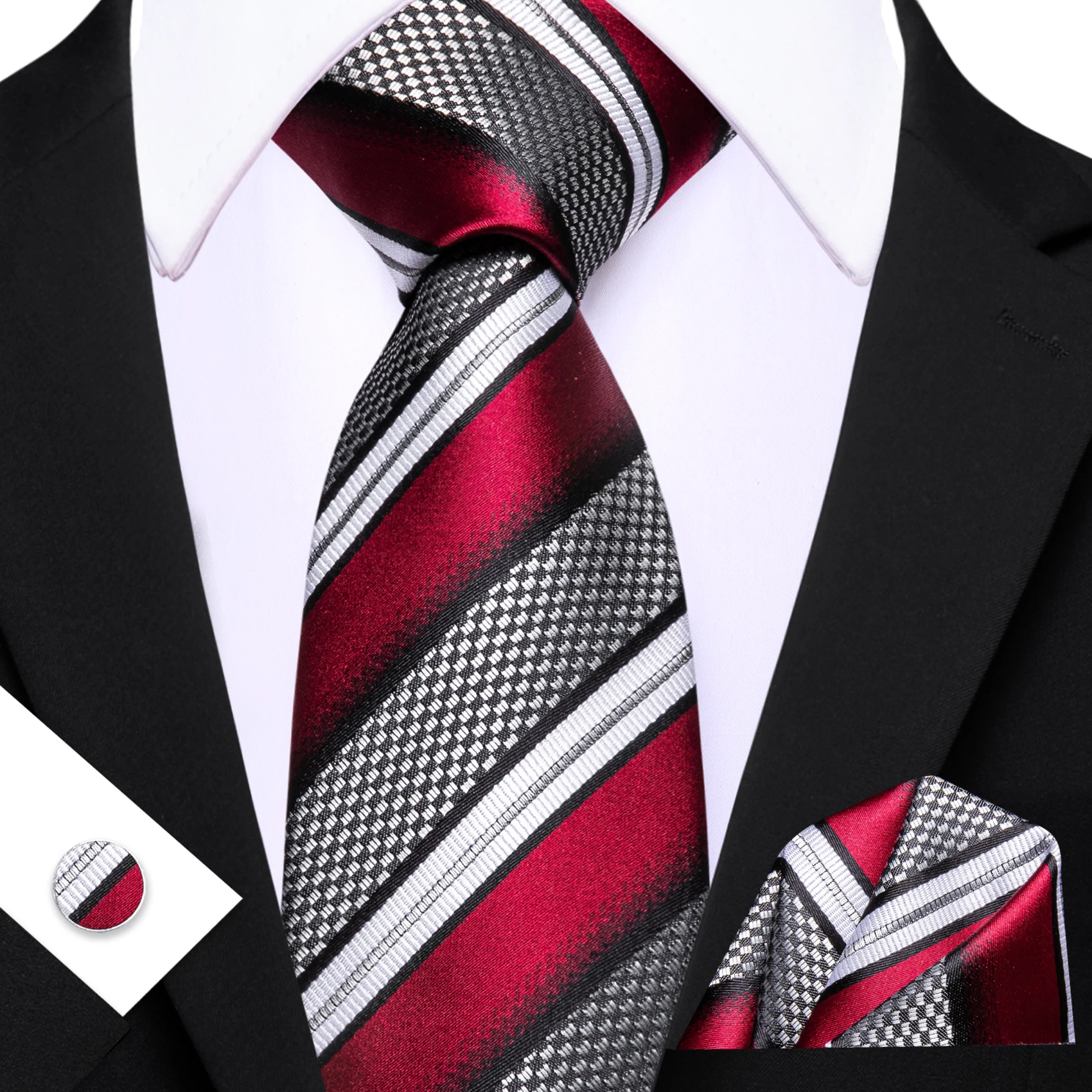 Herren-Krawatte, rot, grau, blau, koralle, elfenbeinfarben, gestreift, Krawatten, Einstecktuch, Manschettenknöpfe, Set, Krawatte, formelle Hochzeit, Dinnerparty
