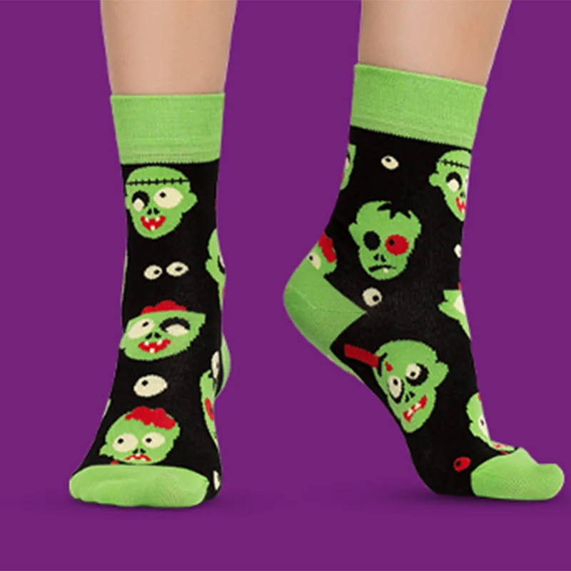 2024 New Halloween Cartoon Green Zombie Unisex Crew Socks Women Men Novelty Cotton Creative Socks Couple Halloween Gifts Bulk