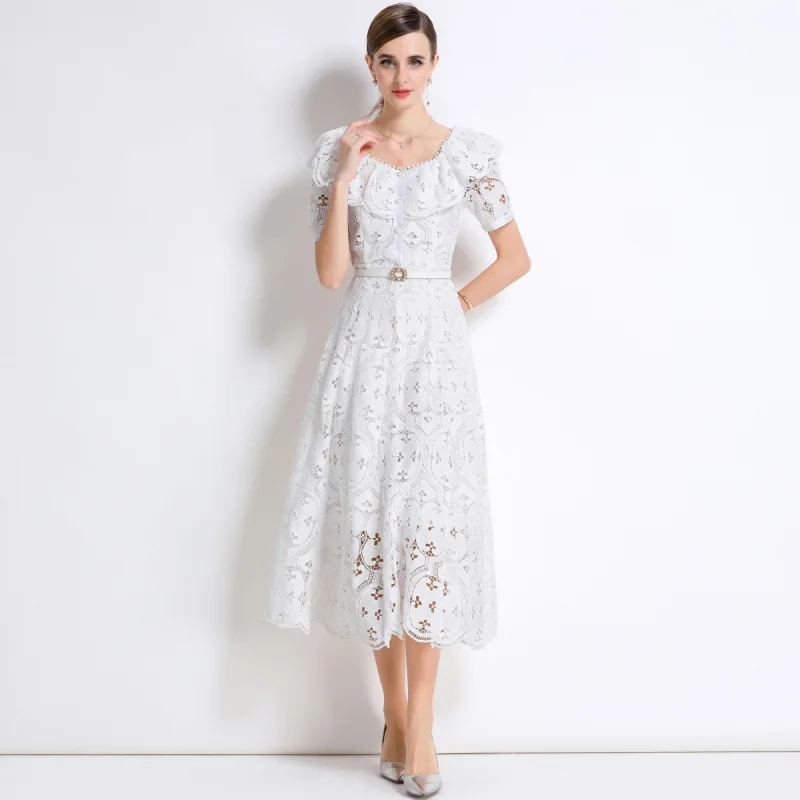 Vaion Lace Dr. Hollow out Stickerei Gored Ne Light Maturi Sle High Waist Street Faion Summer Thi ort Sve