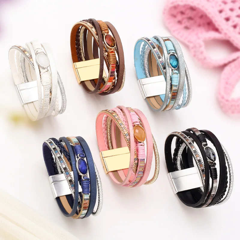 

New Boho Multilayer Retro PU Leather Bracelet Crystal Beads Bangle Magnetic Clasp Cowhide Wristband Jewelry For Women