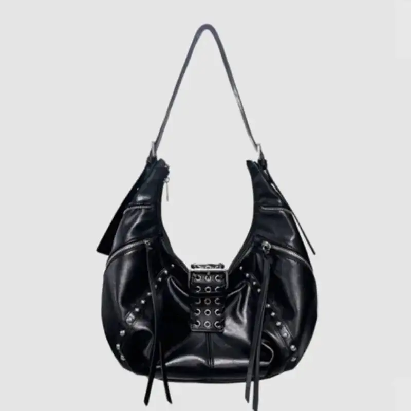 Retro Hot Girl Waxed Tote Women Studded Leather Large Capacity Half Moon Shoulder Ladies Y2k Black Crossbody Bag