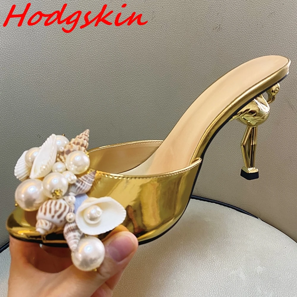 

Shell Pearl Decoration Slippers Women Peep Toe Slingback Slip On Strange Style New Summer Novelty Outside Casual Fashion Slides