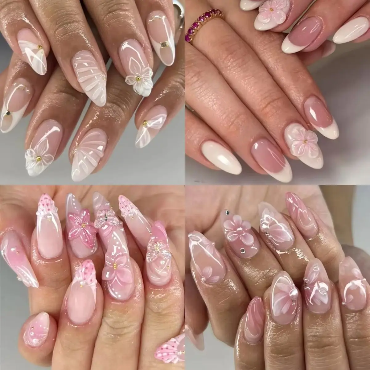 

White Flower Gold Bead French Delicate Long Pointed Fake Nails Art Bowknot Almond False Nails Press on Nails Charm Manicure Tool
