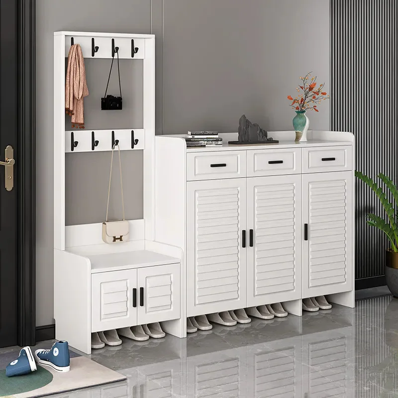 Enter the door shoe cabinet simple modern large-capacity locker coat rack shoe changing stool integrated white new foyer cabinet
