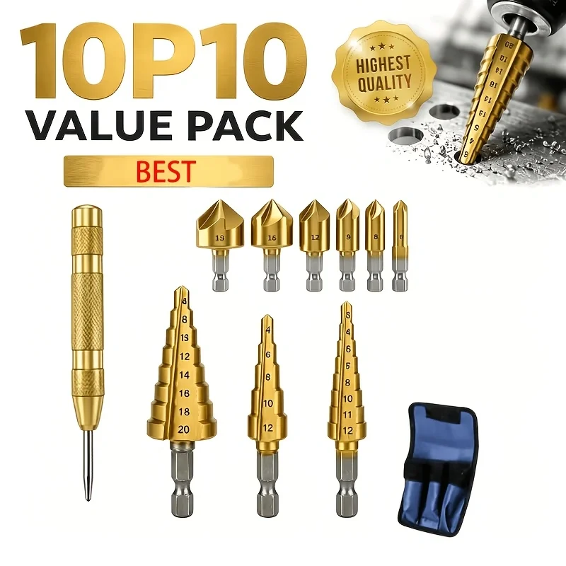 Multi-functional drill bit set, including step drill, diamond drill bit, countersink positioning drill, center punch, triangular woodworking drill, metric high-speed steel taper drill, universal drilling tools for thin plates, aluminum, plastic, and wood
