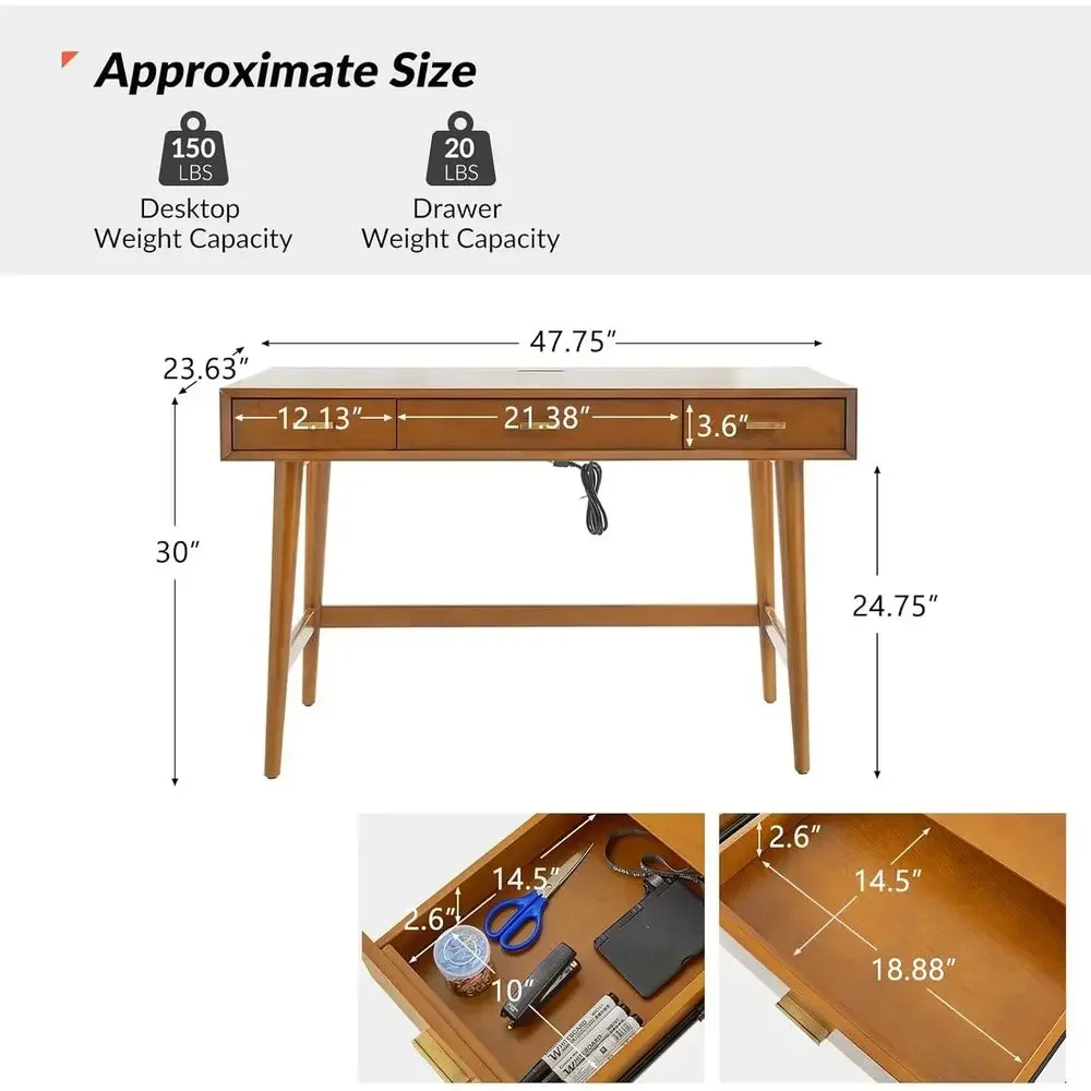 47-inch Wooden Writing Desk with 3 Drawers, USB Charging Station, and Cable Management