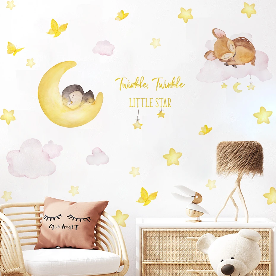 

Cute Cartoon Deer Birds Animal Star Wall Stickers for Kids Room Bedroom Nursery Home Decoration Wall Decals