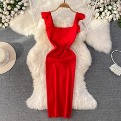 REALEFT Summer Women's Knitted Strapless Dresses 2024 New Knitwear Sheath Elegant Bodycon Wrap Red Sexy Dress Female