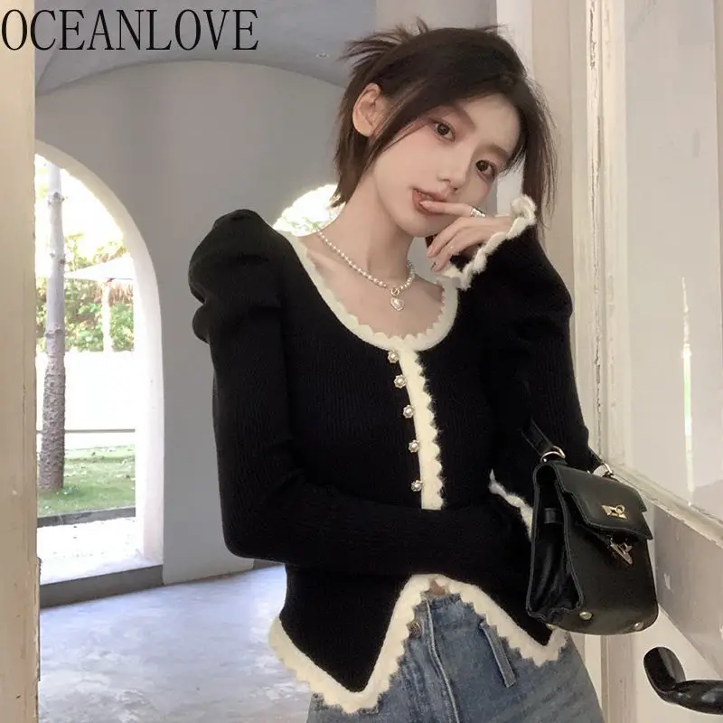 OCEANLOVE Flare Sleeve Autumn Winter Clothes Women Sweaters Contrast Color Sweet Vintage Pull Femme Korean Fashion Pullovers