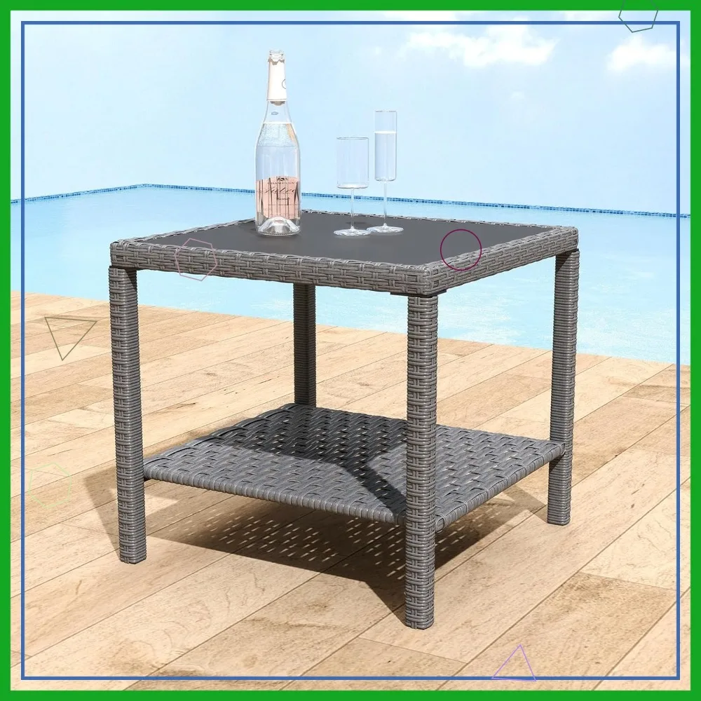 

Square All Weather Rattan Wicker Outdoor Coffee Side End Table with Glass Top for Patio, Deck, Backyard, Garden, Grey