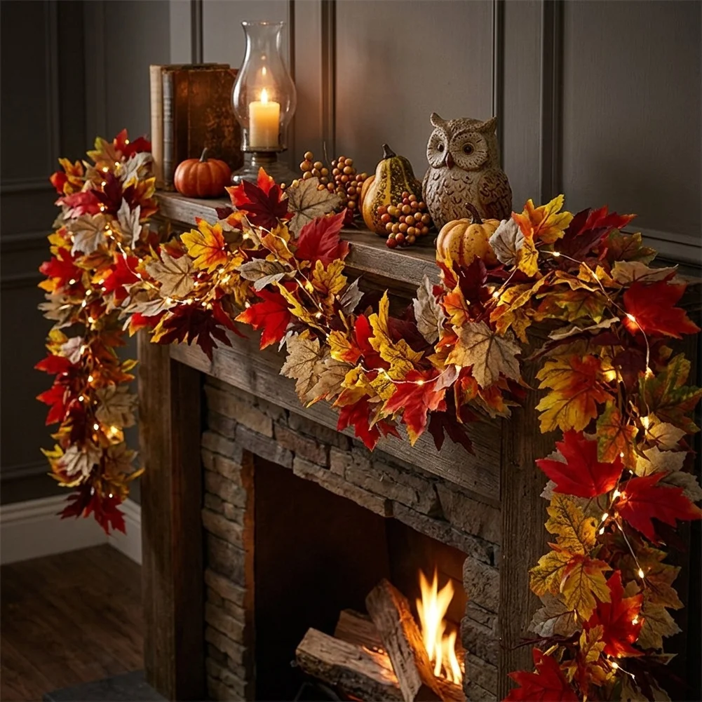 175cm Artificial Maple Leaf Wreath Autumn Silk Flower Maple Leaf Maple Leaves Vine Wall Hanging Garland Christmas Decoration