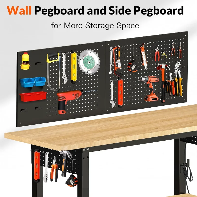 60“ Adjustable Height Workbench Work Bench for Garage Work Table with Under Table Shelf Heavy Duty Rubber Wood Top