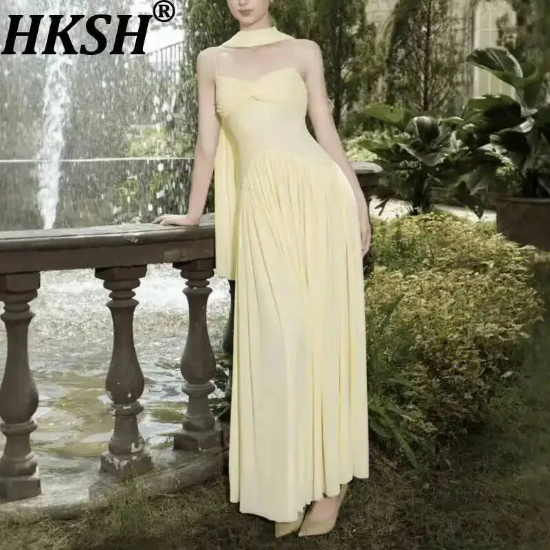 HKSH Women Sexy Long Dress Strap Sleeveless Backless Ribbon Waist Cinching Slim Fit Pleated Trend Elegant Dresses Summer HK23451
