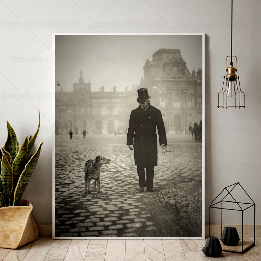 Gustave Caillebotte and His Dog Canvas Painting on The Place Du Carrousel Paris Poster 1892 Vintage Photo Home Wall Art Decor