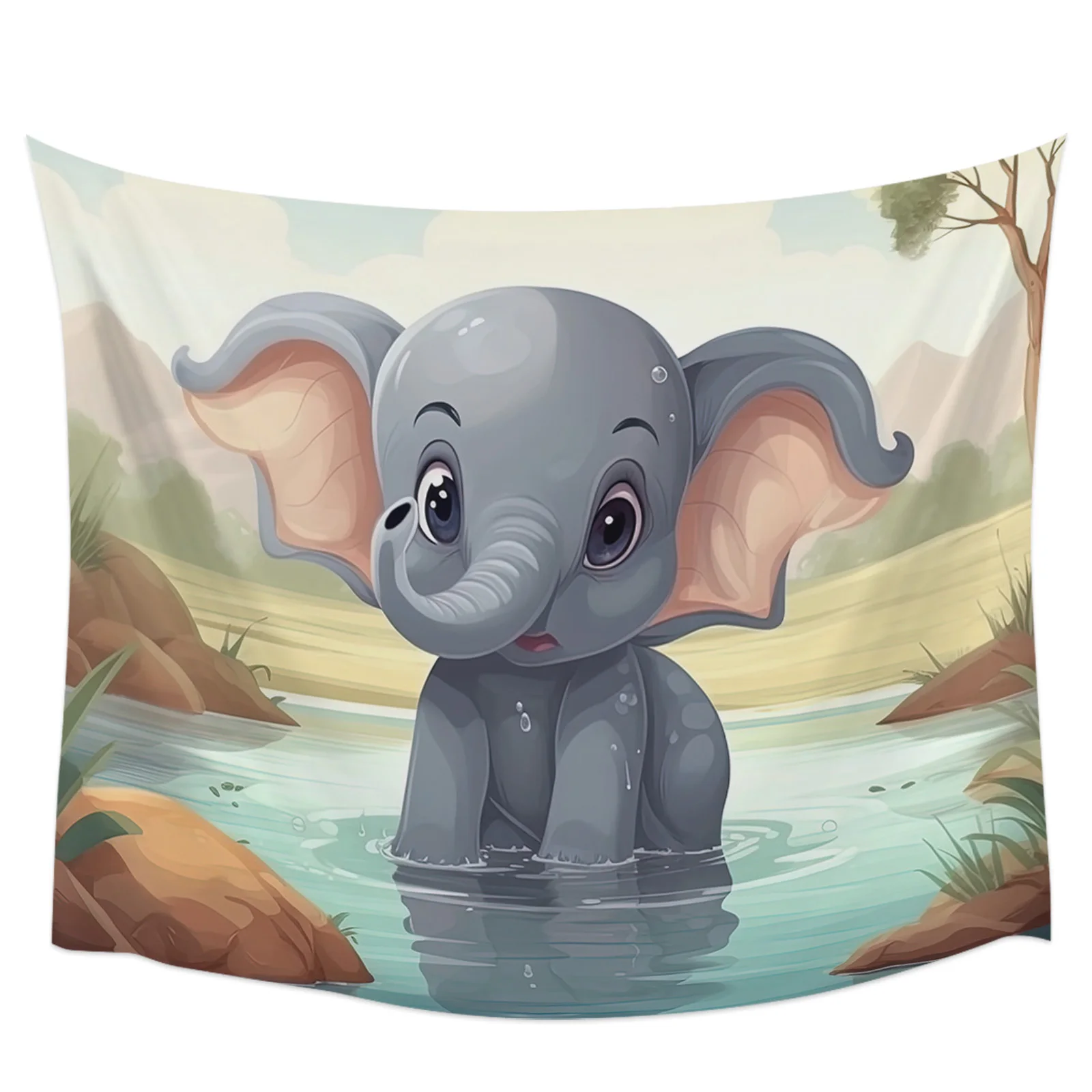 Cartoon Elephant Pool Reflection Tapestry Wall Hanging Boho Wall Tapestry Xmas Bedroom Living Room Decor Hanging Cloth