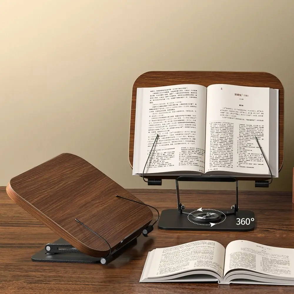 

Solid Wood Reading Rack 360° Rotating Base with Elastic Page Clips Book Stand Foldable Adjustable Laptop Holder for Readers