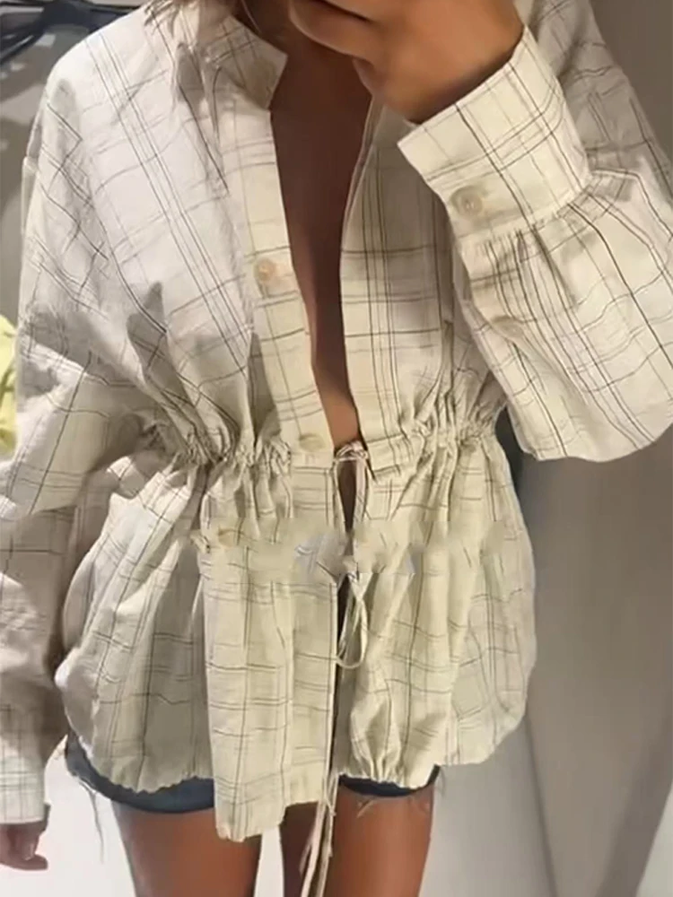 

TFMLN 2025 Women's Long Sleeve Thin Shirt Plaid Single Breasted Loose Top Versatile Outerwear Stand Collar Waist Lace Up Shirt