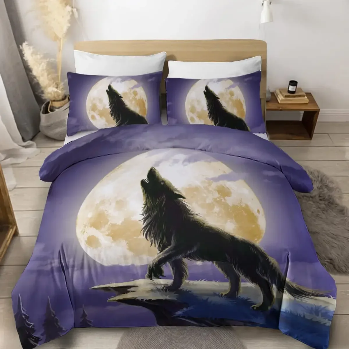 

Wild Magical Wolf Bedding Set Wolf Howling 3Pcs Sets for Boys Vintage Oil Paint Wild Animal Single/Twin/Queen/king Size