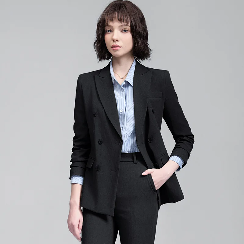 Double-breasted gray women's long-sleeve suit2025Autumn professional high-end hotel front desk receptionist workwear