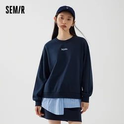 Semir-Suéter estampado para carta feminino, pulôver solto de duas peças falso, suéter de emenda irregular, novo, outono, 2023